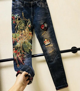 Beautiful Embroidered Stretch Denim Pants - Ailime Designs