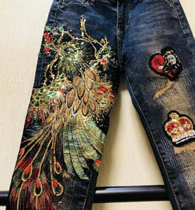 Beautiful Embroidered Stretch Denim Pants - Ailime Designs