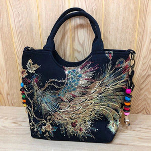 Beautiful Sequin Embroidered Peacock Design Totebag - Ailime Designs