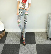 Load image into Gallery viewer, Beautiful Women&#39;s Embroidered Flower Design Denim Jeans - Ailime Designs