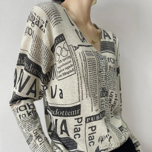 Block Print News Print Design Knit Long Sleeve Cardigan - Ailime Designs