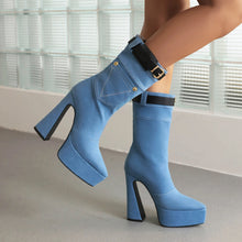 Load image into Gallery viewer, Blue Denim Women Platform Buckle Design Ankle Boots - Ailime Designs