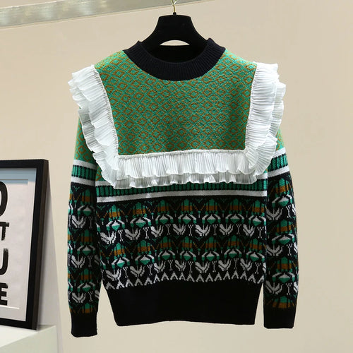 Green Multi Peter Pan Ruffle Trim Sweater - Ailime Designs