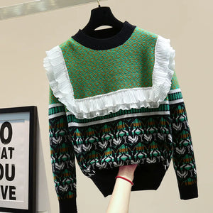 Green Multi Peter Pan Ruffle Trim Sweater - Ailime Designs