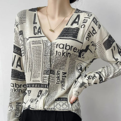 Block Print News Print Design Knit Long Sleeve Cardigan - Ailime Designs