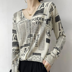 Block Print News Print Design Knit Long Sleeve Cardigan - Ailime Designs