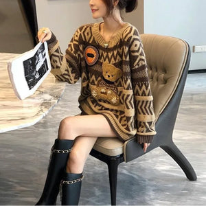 Brown Multi Geometric Bear Design Pull-over Sweaters - Ailime Designs