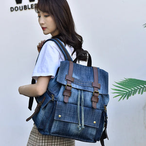 Casual Blue Wash Double Buckle Backpacks - Ailime Designs