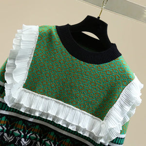 Green Multi Peter Pan Ruffle Trim Sweater - Ailime Designs