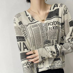 Block Print News Print Design Knit Long Sleeve Cardigan - Ailime Designs