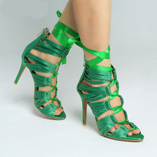 Load image into Gallery viewer, Green Ribbon Ankle Lace Design High Heels - Ailime Designs