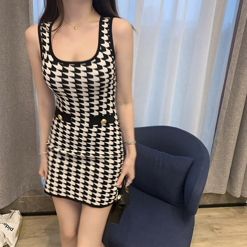 Women's Sleeveless Hounds Tooth Print Design Jersey Knit Dresses