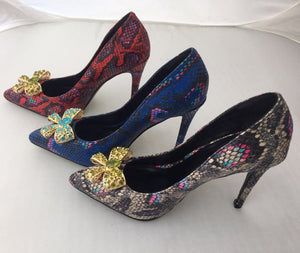 Women's Classic Leather Snake Skin Design Bow-Knot Pumps