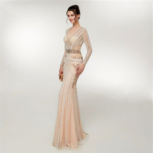 Women's Elegant Crystal Bead Design Evening Dress