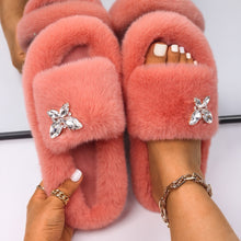 Load image into Gallery viewer, Ailime Designs - Crystal Motif Design White Faux Fur Slippers For Women