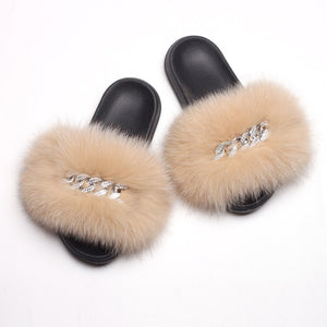 Ailime Designs - Crystal Chain-link Design Genuine Fox Fur Slippers