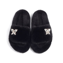 Load image into Gallery viewer, Ailime Designs - Crystal Motif Design White Faux Fur Slippers For Women