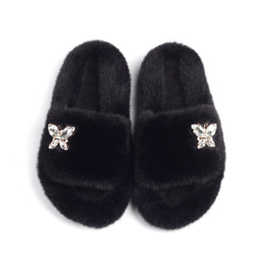 Ailime Designs - Crystal Motif Design White Faux Fur Slippers For Women