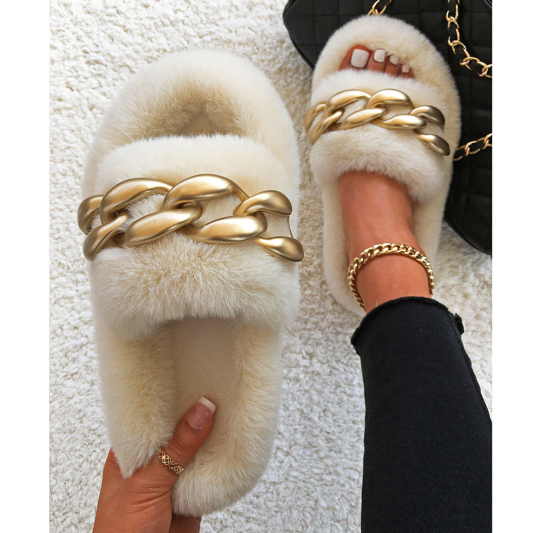 Ailime Designs - Gold Chain-link Design Blue Faux Fur Slippers For Women