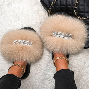 Ailime Designs - Crystal Chain-link Design Genuine Fox Fur Slippers