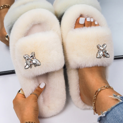 Ailime Designs - Crystal Motif Design White Faux Fur Slippers For Women