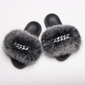 Ailime Designs - Crystal Chain-link Design Genuine Fox Fur Slippers