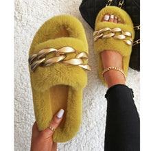 Load image into Gallery viewer, Ailime Designs - Gold Chain-link Design Blue Faux Fur Slippers For Women