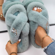 Load image into Gallery viewer, Ailime Designs - Crystal Motif Design White Faux Fur Slippers For Women