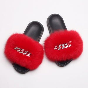 Ailime Designs - Crystal Chain-link Design Genuine Fox Fur Slippers