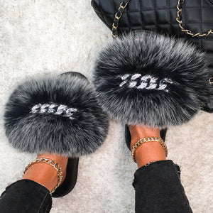 Ailime Designs - Crystal Chain-link Design Genuine Fox Fur Slippers