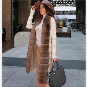 Elegant Fluted Knit Design Fox Fur Trim Sweater Coats - Ailime Designs