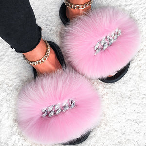 Ailime Designs - Crystal Chain-link Design Genuine Fox Fur Slippers