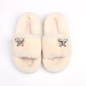 Ailime Designs - Crystal Motif Design White Faux Fur Slippers For Women