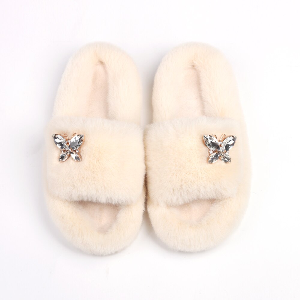 Ailime Designs - Crystal Motif Design White Faux Fur Slippers For Women