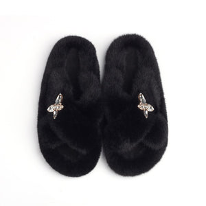 Ailime Designs - Crystal Motif Design White Faux Fur Slippers For Women