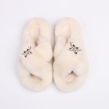 Load image into Gallery viewer, Ailime Designs - Crystal Motif Design White Faux Fur Slippers For Women