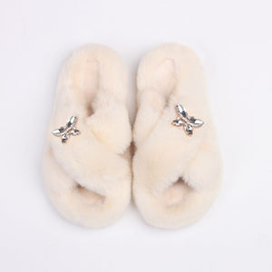 Ailime Designs - Crystal Motif Design White Faux Fur Slippers For Women