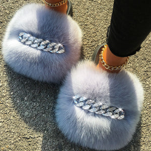 Ailime Designs - Crystal Chain-link Design Genuine Fox Fur Slippers