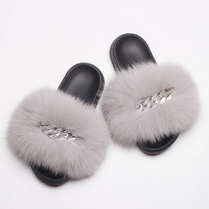 Ailime Designs - Crystal Chain-link Design Genuine Fox Fur Slippers