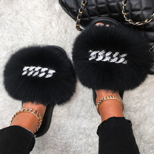 Ailime Designs - Crystal Chain-link Design Genuine Fox Fur Slippers