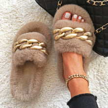 Load image into Gallery viewer, Ailime Designs - Gold Chain-link Design Blue Faux Fur Slippers For Women