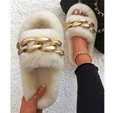 Load image into Gallery viewer, Ailime Designs - Gold Chain-link Design Blue Faux Fur Slippers For Women