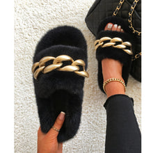 Load image into Gallery viewer, Ailime Designs - Gold Chain-link Design Blue Faux Fur Slippers For Women