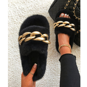 Ailime Designs - Gold Chain-link Design Blue Faux Fur Slippers For Women