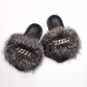 Ailime Designs - Crystal Chain-link Design Genuine Fox Fur Slippers