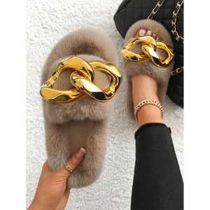 Ailime Designs - Chain-link Ornament Design Yellow Plush Faux Fur Slippers