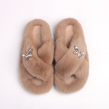 Load image into Gallery viewer, Ailime Designs - Crystal Motif Design White Faux Fur Slippers For Women