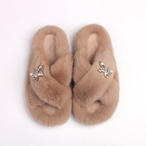 Ailime Designs - Crystal Motif Design White Faux Fur Slippers For Women