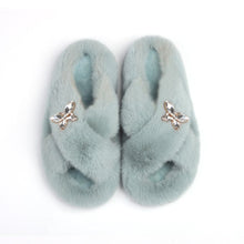 Load image into Gallery viewer, Ailime Designs - Crystal Motif Design White Faux Fur Slippers For Women