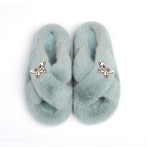 Ailime Designs - Crystal Motif Design White Faux Fur Slippers For Women